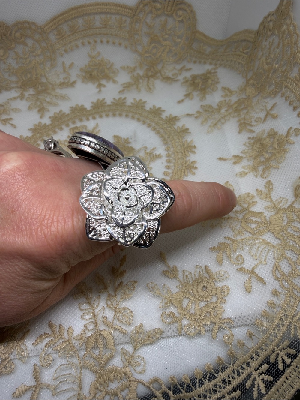 925 Sterling Silver Romantic Flower Ring Adjustable Lace Filigree Victorian - Picture 2 of 8